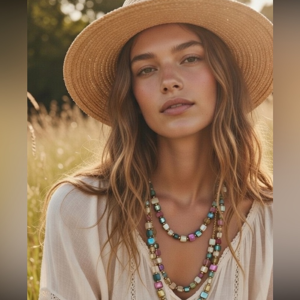 NWT Free People shell stone necklace two layers boho jewelry